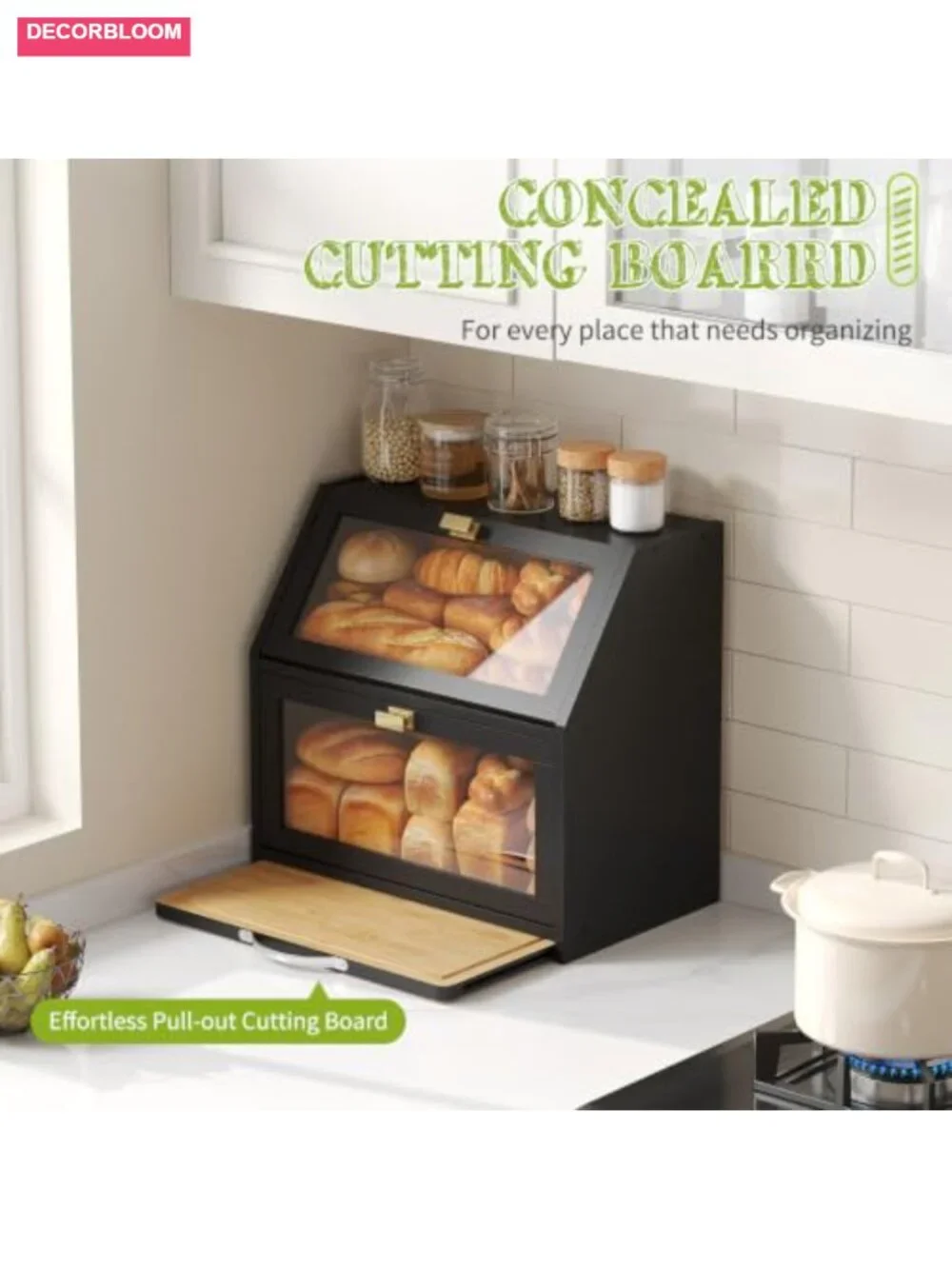 Bamboo Bread Box with Cutting Board, Double Layer Extra Large Capacity, Clear